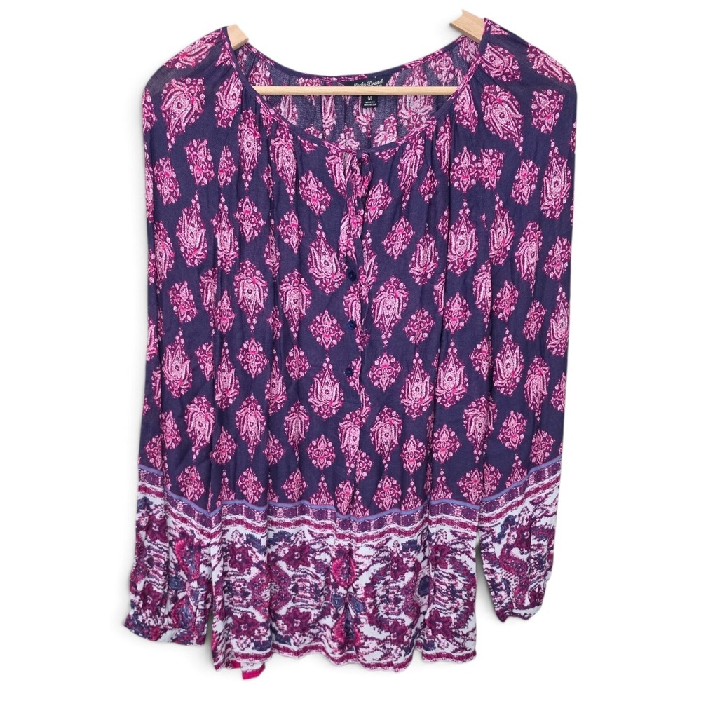 Lucky Brand Top Womens Medium Blue Peasant Blouse Boho Neck Tie Casual